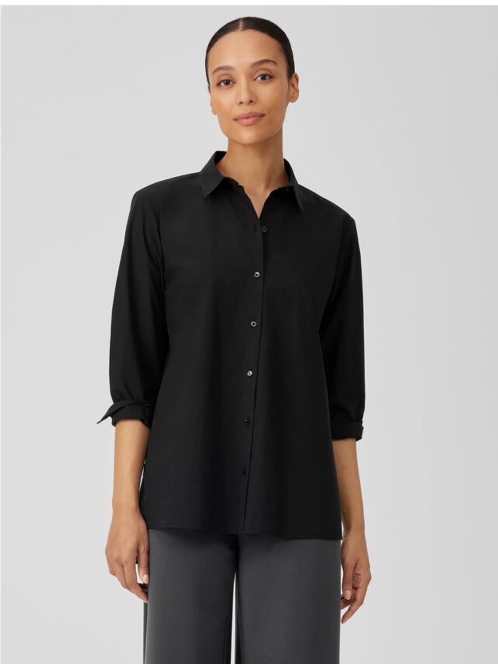 Eileen Fisher Washed Organic Cotton Poplin Classic Collar Shirt Black SZ  XL NWT